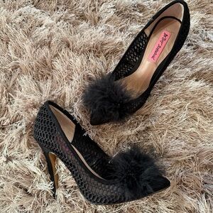 Betsey Johnson Black Mesh Heels with Fluffy Accent